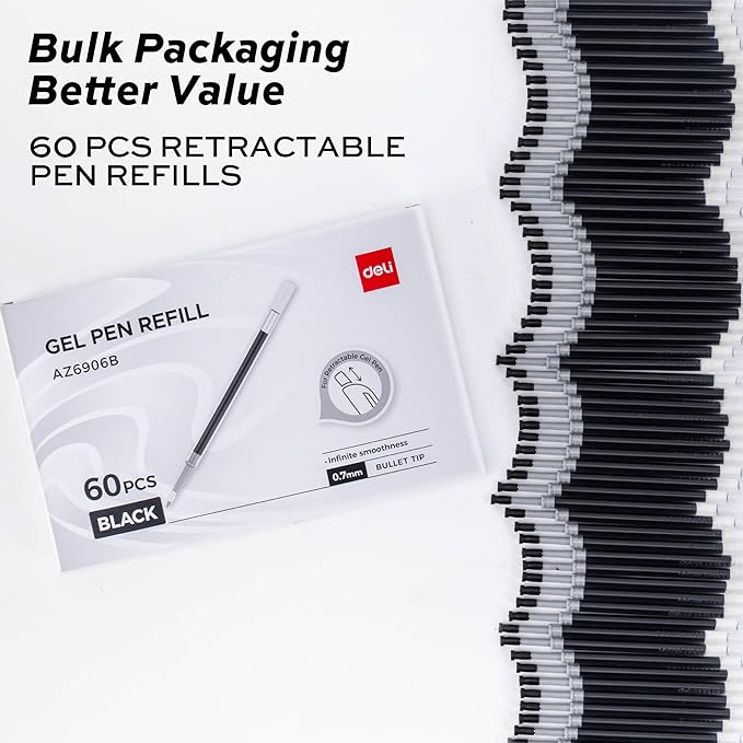 deli Gel Pen Refills, 60 Pcs Retractable Pen Refills Black Ink, Medium Point 0.7mm, Smooth Writing, Fast Dry, No Bleed for Journaling Note Taking, Home School Office Supplies