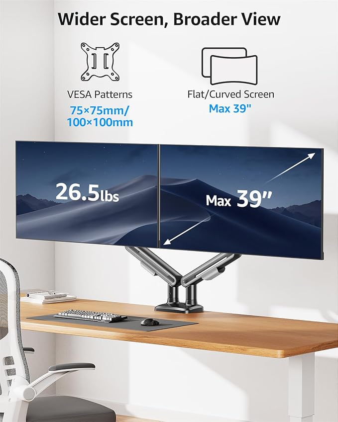 MOUNTUP Dual Monitor Mount Holds 4.4-26.5lbs, Heavy Duty Monitors Arm for 39 37 34 32 27inch, Gas Spring Monitor Stand for 2 Monitor, Height Adjustable Monitors Desk Mount with C-Clamp&Grommet Base