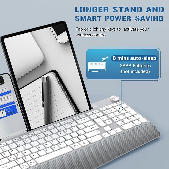 Ergonomic Wireless Keyboard with Wrist Rest-Low-Profile,Phone/Tablet Holder,Quiet Design,Windows & Mac OS,Full Size Cordless USB Computer Keyboard for Desktop,Laptop, PC, Mac, Windows-White