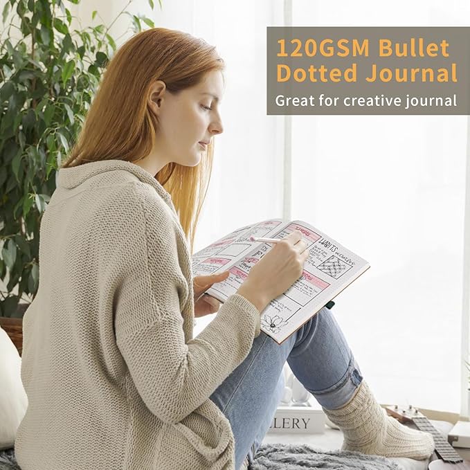 AHGXG Bullet Dotted Journal - Dot Grid Notebook Journal, 120 GSM Thick Acid-Free Paper, Large B5 Dotted Notebook 96 Pages, Leather Softcover, Inner Pocket, Journal Stencil, 7.6'' X 10'' - Green