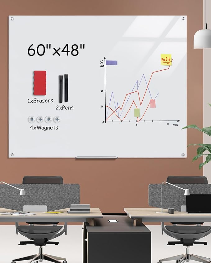 Magnetic Glass Whiteboard,60"x48" Wall Mounted Frameless Dry Erase Board for Office, Home & School Ultra White