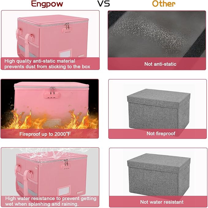 ENGPOW File Box with Lock, Fireproof Document Box with Zipper&Pockets, Collapsible File Organizer Filing Storage Cabinet with Handle, Portable Home Office Safe for Hanging Letter/Legal Folder, Pink