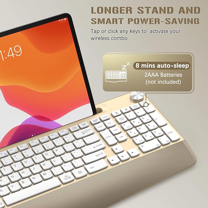 Ergonomic Wireless Keyboard with Wrist Rest-Low-Profile,Phone/Tablet Holder,Quiet Design,Windows & Mac OS,Full Size Cordless USB Computer Keyboard for Desktop,Laptop, PC, Mac, Windows-Gold