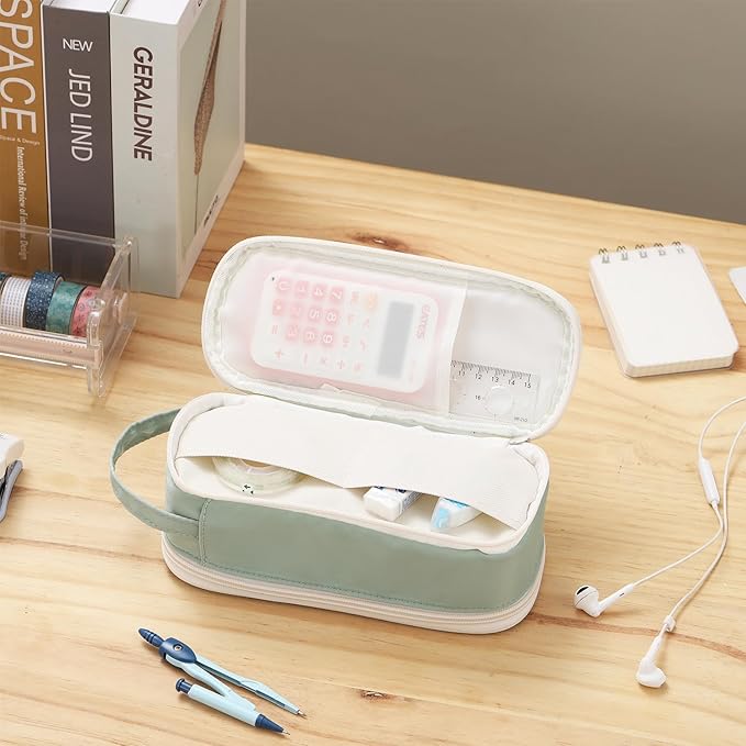 Large Pencil Case Zipper Pencil Pouch for Girls Adults Kids Aesthetic Pencil Bag with Handle Portable Big Capacity Pen Bag Organizer for School Office Green