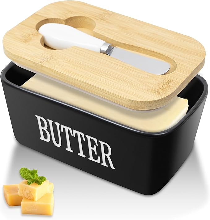 HOOMIL Ceramic Butter Dish with Lid - 650ml Large Capacity Airtight Butter Keeper Container Includes Butter Knife, Durable Stoneware Countertop Storage - Black