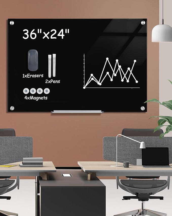 Magnetic Glass Whiteboard,36"x24" Wall Mounted Frameless Dry Erase Board for Office, Home & School Black