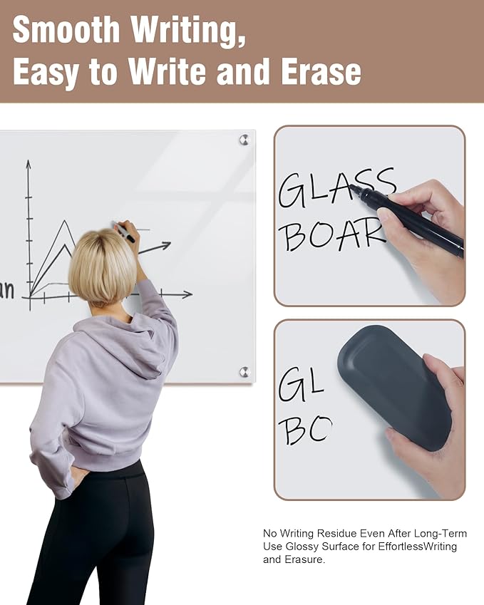 Magnetic Glass Whiteboard,48"x36" Wall Mounted Frameless Dry Erase Board for Office, Home & School Ultra White