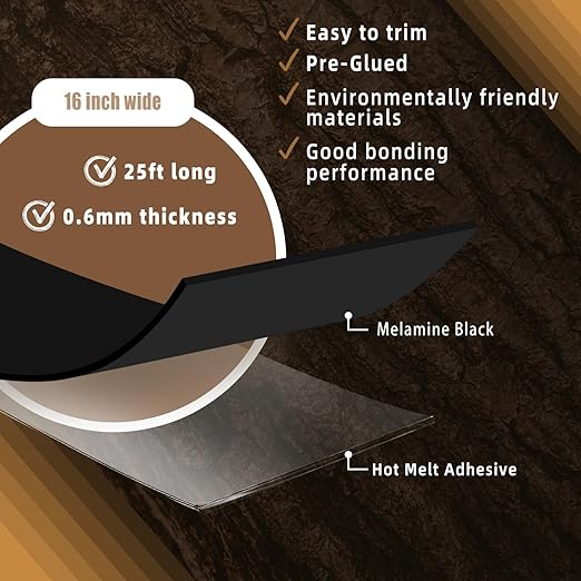 GSCIT Club Black Wood Veneer, 16 inch x 25ft Wood Edge Banding Pre-glued Flexible, Veneer Sheets Tape Banding for Cabinet Repair Furniture