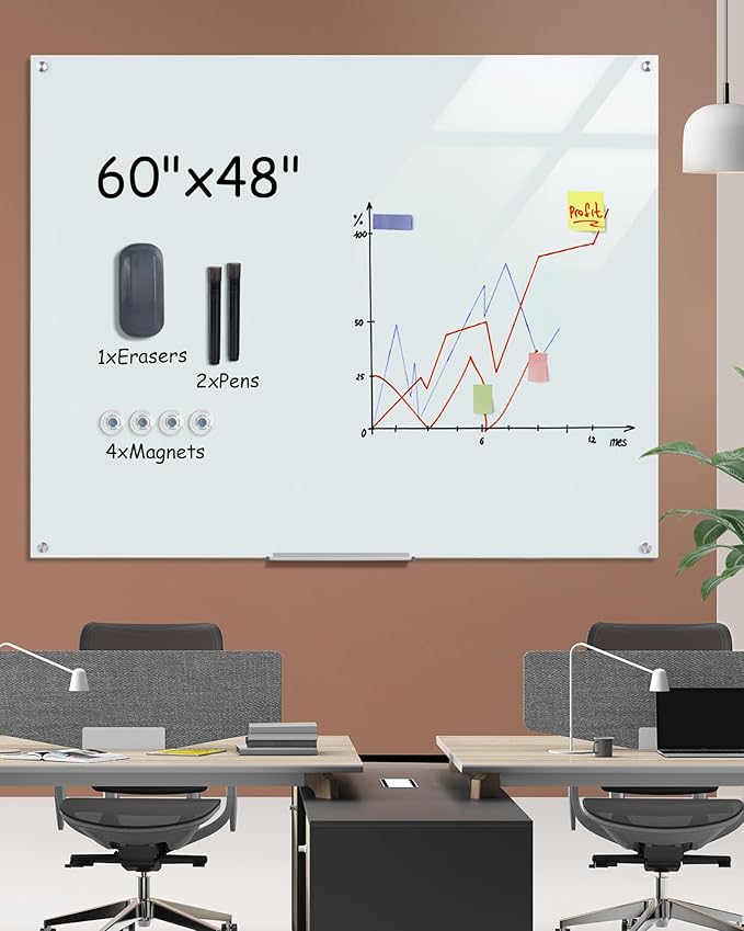 Magnetic Glass Whiteboard,60"x48" Wall Mounted Frameless Dry Erase Board for Office, Home & School White