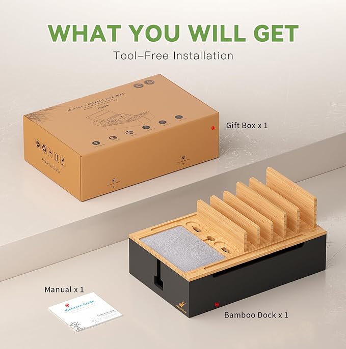 Pezin & Hulin Bamboo Charging Station, Electronic Devices Organizer for Multiple Devices Charger Such As Cell Phone, Tablet, Watch and More, Natural+Black, (No USB Charger and Cables