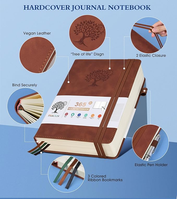 A5 Lined Journal Notebook - 365 Page Leather Journals for Writing Women & Men,Hardcover Notebook with 100Gsm Thick Pages,Daily Diary for Travel, Work,School,Note Taking,College Ruled (5.9" x 8.5")