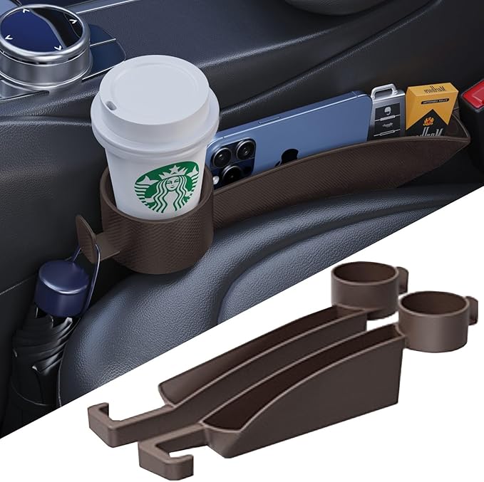 Car Seat Gap Plug with Storage Slot, Auto Gap Filler Organizer with Cup Holder, Universal Carseat Side Gap Filler Strip 2 Pack Between Front Seats & Console, Anti-Drop Pad with Seatbelt Holes, Brown