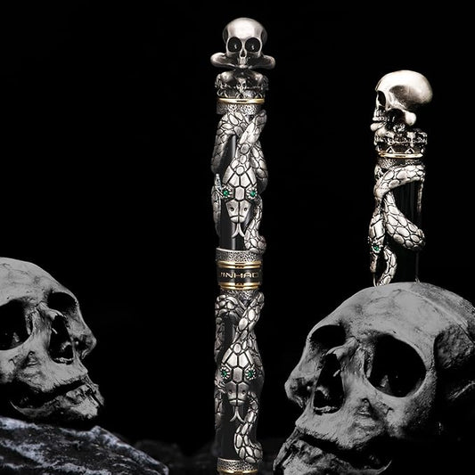 Jinhao Black Snake Fountain Pen Bent Nib Fude Pen with Skull Head Solid Metal