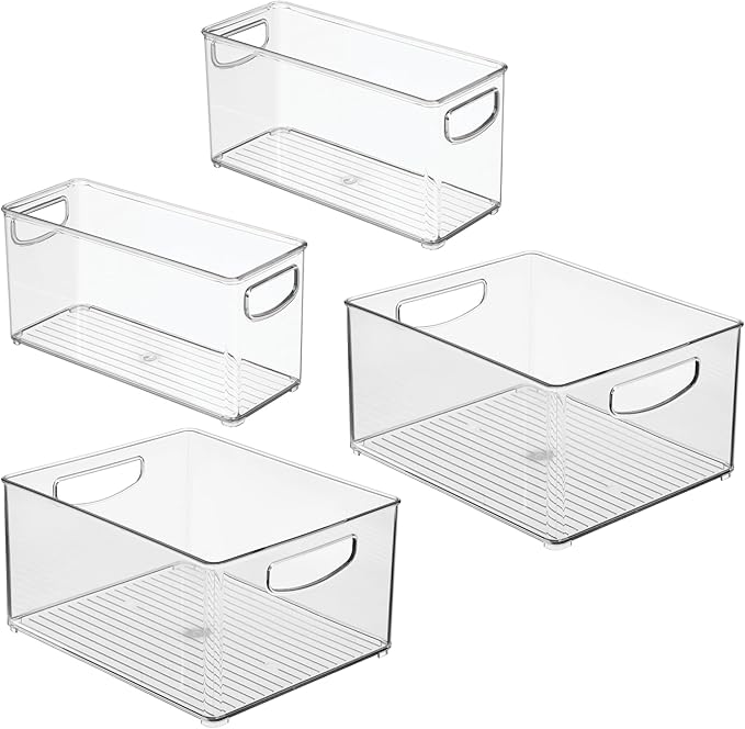 iDesign 4-Piece 50% Recycled Plastic Organizer Bin Set for Pantry and Cabinet Organization, Made in The USA – Two 10” x 8” x 5” and Two 10” x 4” x 5” Bins, Clear