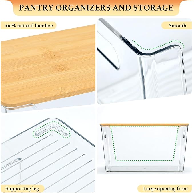 2 Set Pantry Organizers and Storage - Clear Stackable Bins with Bamboo Lid for Fruit, Onion, Potato, Vegetable - Trash Bag Holder Dispenser Under Sink Organizer for 4-13 Gal Bags