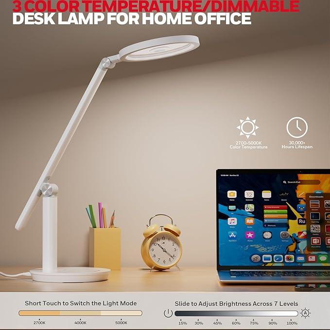 HONEYWELL Desk Lamp for Home Office, H6 Sunturalux™ Eye-Caring Led Desk Light, 800LM Dimmable Desk Lamp with Timer, Touch Control Tall Desk Reading Light, Table Lamp for Circle Webcam, Study, Bedroom