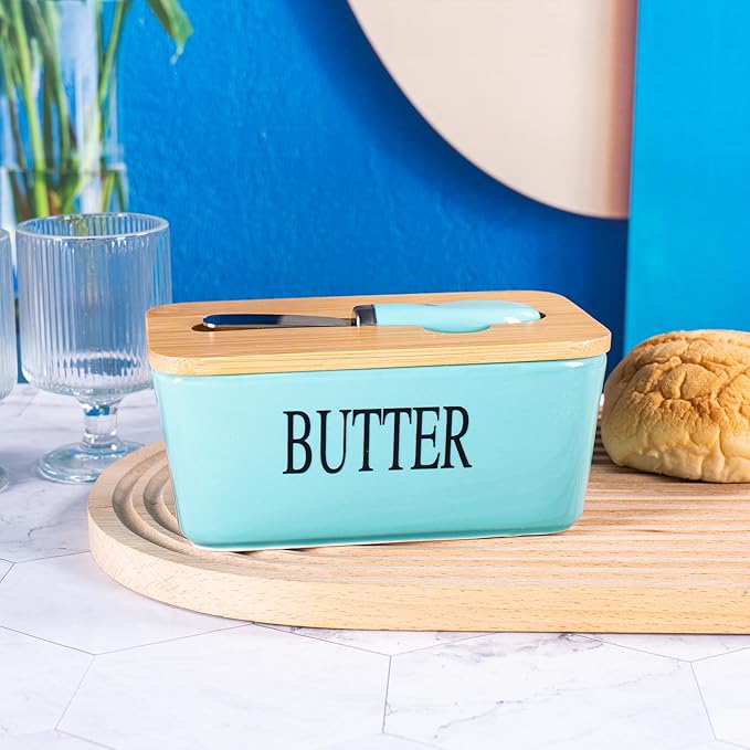 Large Butter Dish with Lid for Countertop, Ceramic Butter Stick Holder Container with Cover and Knife for Fridge