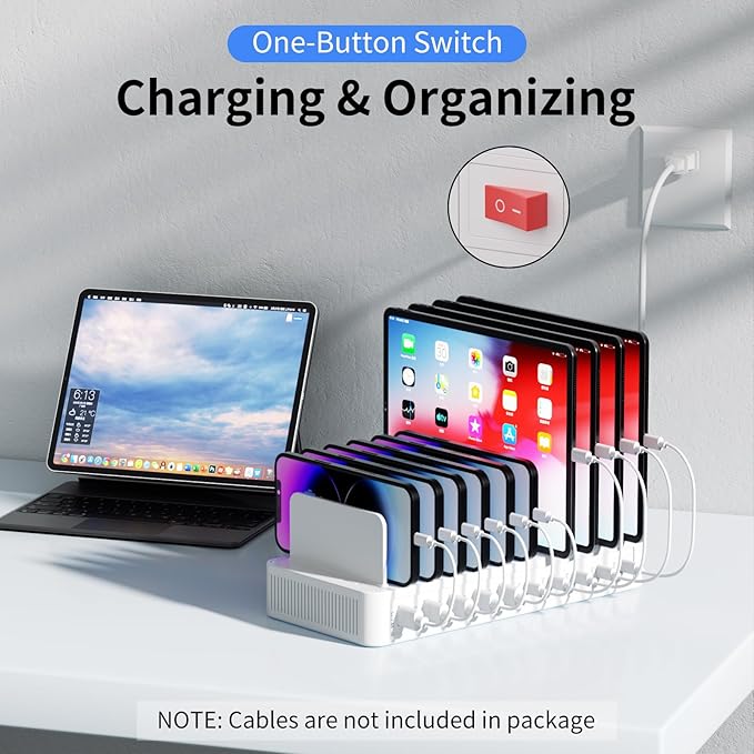 60W Charging Station for Multiple Devices, 10-Port USB Fast Charging Station with Adjustable Dividers - Device Organizer Charging Dock for iPhone, Android, iPad, Tablets & More