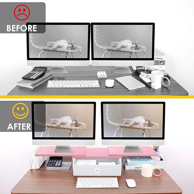 Dual Monitor Stand Riser With Drawer & Metal Leg, Large Desk Shelf For 2 Monitors w/ Adjustable Length & Angle, Desktop Organizer For Laptop/TV/Printer