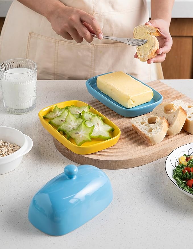 Sweejar Ceramic Butter Dish with Lid for Countertop,Porcelain Butter Keeper with Knob Handle,Butter Container for East/West Coast Butter, 7.1*3.7 inches (Steel blue)