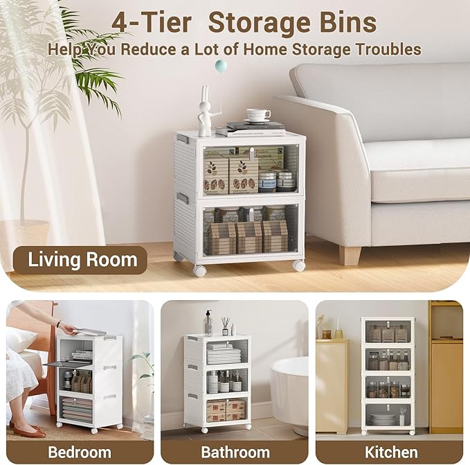 Storage Bins with Lids,4 Tier Stackable Storage Bins with Drawers,4 Pack Collapsible Plastic Storage Boxes with Wheel-1 Lid,23QT Foldable Containers for Closet Living Room Bedroom Office.