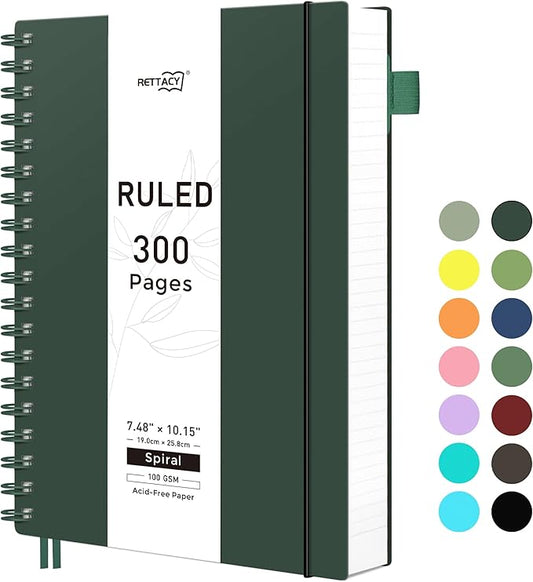 RETTACY Spiral College Ruled Notebook, 300 Pages, B5 Medium Size (7.4" x 10"), for School, Work, Writing, Journaling, 100 GSM Thick Paper, Flexible Plastic Cover (Deep Green)