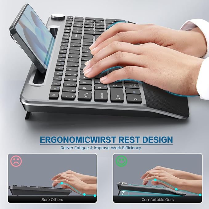 Ergonomic Wireless Keyboard with Wrist Rest-Low-Profile,Phone/Tablet Holder,Quiet Design,Windows & Mac OS,Full Size Cordless USB Computer Keyboard for Desktop,Laptop, PC, Mac, Windows-Black