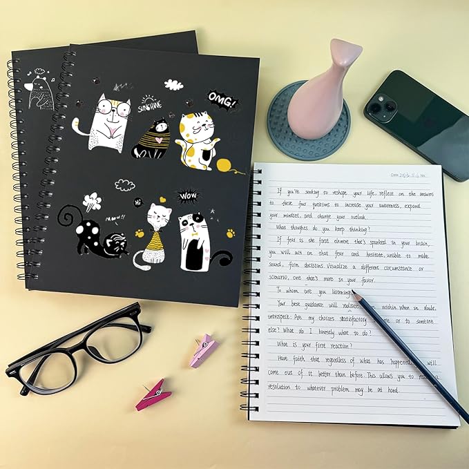 Lined Spiral Notebook A4 Large Black Journal 8.5" x 11"-4 Pack 7mm College Ruled Hardcover Notebooks 160 Pages 100GSM Thick Paper for Note Taking School Office Supplies