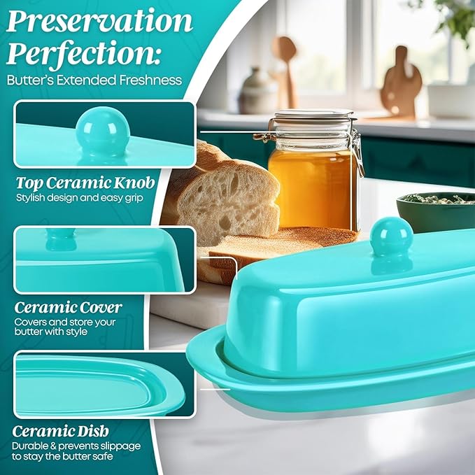 Flexzion Ceramic Blue European Butter Dish with Lid for Countertop (7 Inch) - 1 Stick Butter Holder for Counter, Cream Cheese Container Storage Keeper