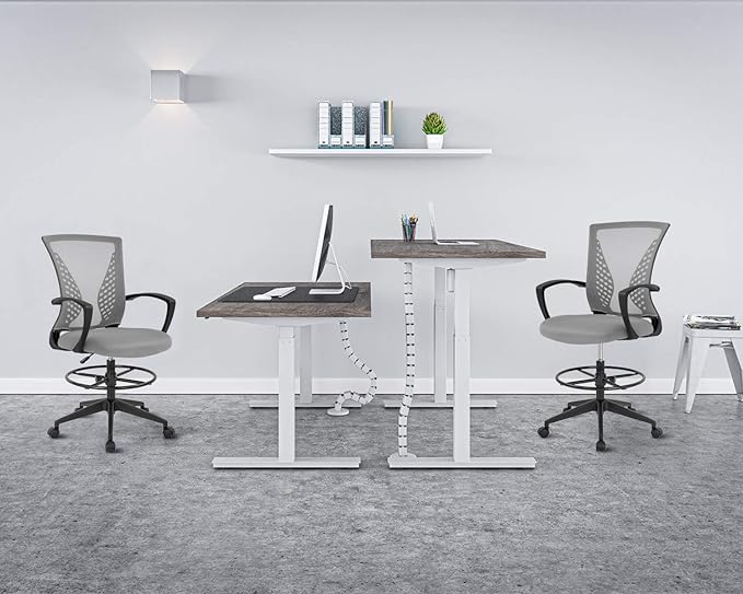 Drafting Chair Tall Office Chair Standing Desk Chair Adjustable Height with Arms Foot Rest Back Support Rolling Swivel Desk Chair Mesh Drafting Stool for Adults