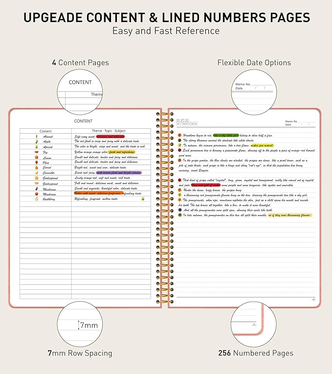 A4 Spiral Notebook Journal 8.5” x 11”, 256 Numbered Pages Hardcover Leather Journals for Women Men, Large Lined College Ruled Notebooks, 100GSM Thick Paper, Spiral Bound Journal for Work School, Pink