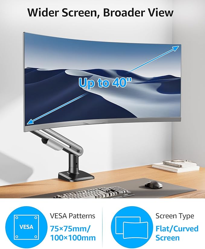 MOUNTUP Single Monitor Desk Mount for 4.4-26.5lbs, Heavy Duty Monitor Arm for 39 37 34 32 27inch, Full-Motion Monitors Stand, Height Adjustable Gas Spring Monitors Arm with C-Clamp&Grommet Base