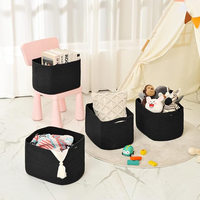 Storage Baskets for Organizing & Shelves, Woven Cotton Rope Organization Bins for Dog Toys, Clothes, Books, Nursery Organizer, 15" Lx11''Wx9.5''H, (4 Packs) Black