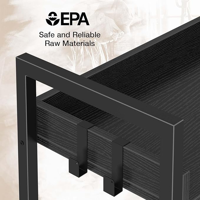 Rolanstar Bookshelf 4 Tier with 4 Hooks, Industrial Wood Bookcase, Vintage Storage Rack with Open Shelves, Rustic Standing Bookshelves Metal Frame Display Rack for Living Room, Bedroom, Black