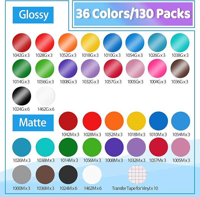 LYA Vinyl 130 Pack Permanent Vinyl - 12 "x12 Self Adhesive Vinyl Sheets,120 Sheets & 10 Transfer Tape Sheets for Cutting Machines and Decor Sticker