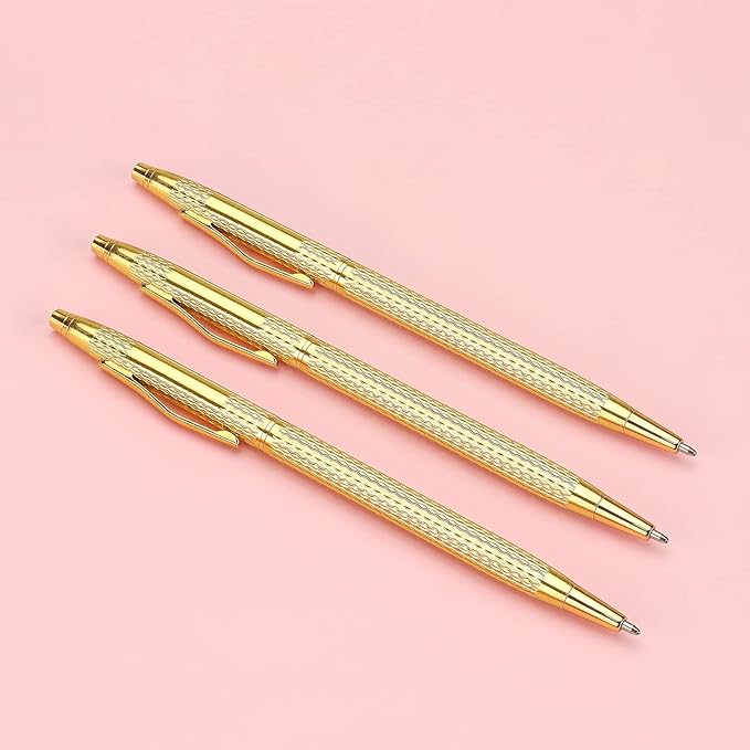 3 Pack Slim Metallic Retractable Ballpoint Pens Black Ink, Nice Gift for Business Office Students Teachers Wedding Christmas (Gold)