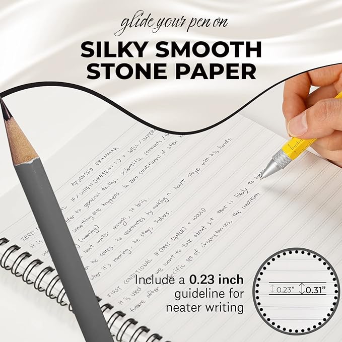 GAK. Stone Paper Waterproof Sheet Spiral Notebook (M Size) – 5.8”x8.3”, 50 sheets, Stone Paper Notebook Journal Note Taking Waterproof Notepad College Ruled Paper Black Notebook Aesthetic School