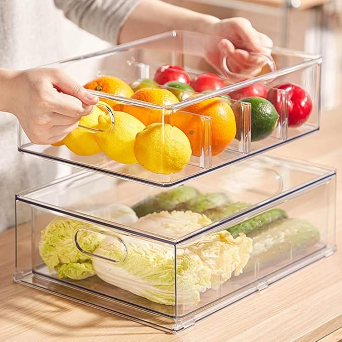 Mano Stackable Fridge Drawers Pull Out Bins with Handle Clear Refrigerator Drawers Organizer Food Storage Container Box with Dividers Plastic Produce Saver for Pantry, Cabinet, Kitchen, Clothes(7Pack)