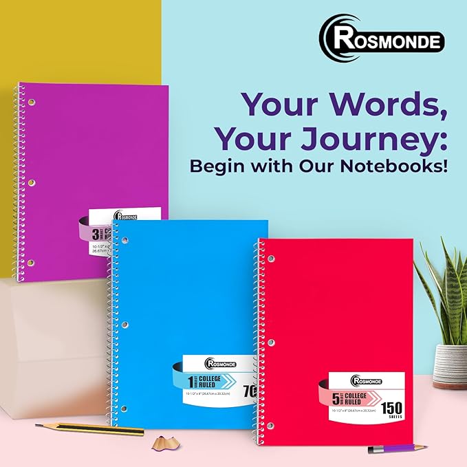 5 Subject Notebook College Ruled, 6 Value Pack, 300 Pages (150 Sheets), 8 x 10-1/2", 5 Subject College Ruled Spiral Notebooks for School & Office, Thick Paper Fights Ink Bleed, 3 Hole Punched