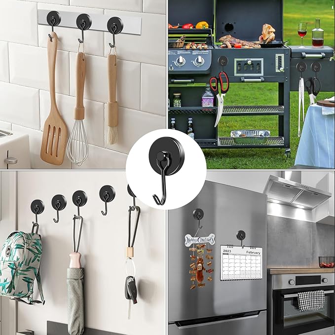 MIKEDE Strong Magnetic Hooks, 120LB Swivel Magnetic Hooks Cruise, Black Neodymium Magnet Hooks Heavy Duty for Hanging, Grill, Cruise Cabins, Refrigerator, Grill, Kitchen, Locker - Pack of 12