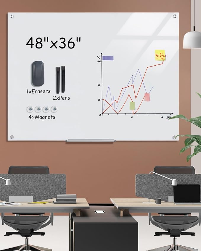 Magnetic Glass Whiteboard,48"x36" Wall Mounted Frameless Dry Erase Board for Office, Home & School Ultra White
