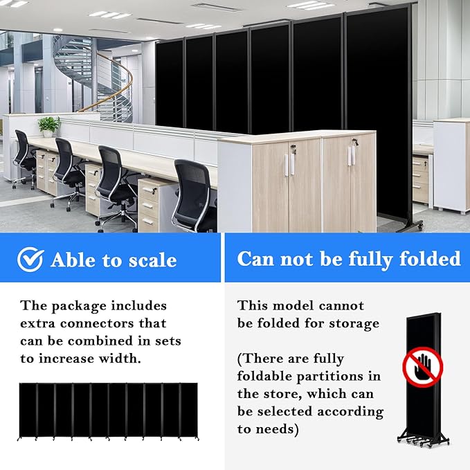 Upgrade Version Room Partition and Divider, Freestanding Rolling Dividers with Wheels,Office Privacy Screen Divider Wall,Classroom Felt Dividers,8'2"L* 6'7"H,4 Panel,Black