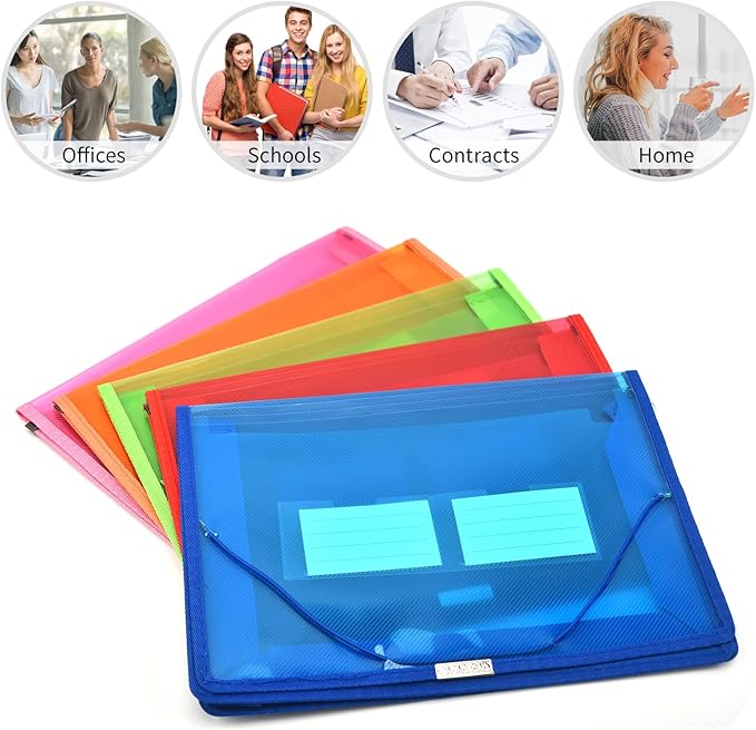 Expanding File Folder Document Organizer r with Flap and Cord Closure, Waterproof Transparent Document Bag, 2.8" Expansion, Letter A4 Expandable File Folder for Home School Office Organization,5 Pack
