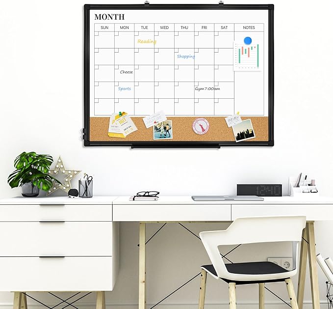 Large Dry Erase Calendar for Wall, 36"x24" Double-Sided Magnetic Whiteboard Calendar with Cork Board, Black Aluminum Frame Monthly White Board Memo Message Board for Office, Home, School