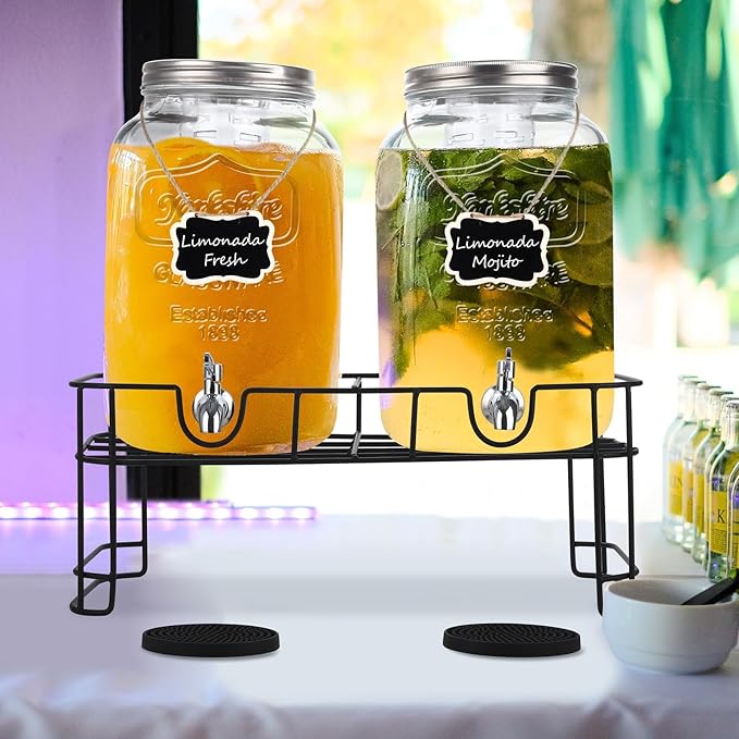 TURSTIN 2 Pcs 2 Gallon Glass Beverage Drink Dispenser with Stand Dual Beverage Dispensers with Ice Cylinder Steel Spigot Hanging Chalkboard Signs Drip Trays Drink Juice Dispenser with Lids for Parties