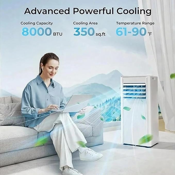 Portable Air Conditioner 8000 BTU (ASHRAE), 3-in-1 Mode AC Cools Up to 350 Sq. Ft., LED Display & Remote Control, 24H Timer, AC Unit with Window Kits for Bedroom/Dorm/Office(White)