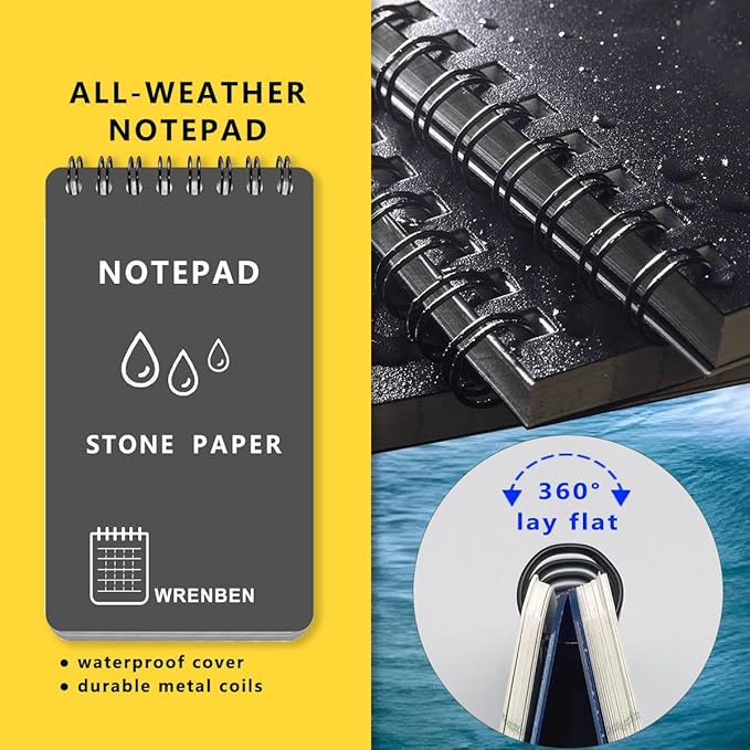 4 Pack Weatherproof Spiral Notepads A7 Waterproof Stone Paper Pocket Notebooks, Grid Pattern, Hard Cover with IN & CM Scales, Small All Weather Steno Pads for Travel, Field (3" x 5", Grey)