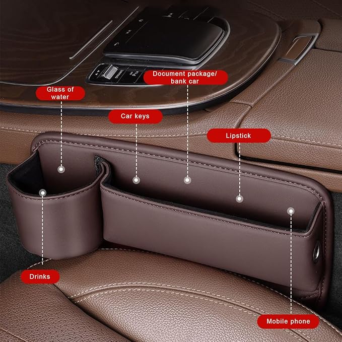 2-Pack car seat Gap Filler Organizer with Cup Holder, Adjustable Car Seat Gap Storage Box Leather with Cup Holder for Phones Glasses Keys Cards (Black. Driver- Passenger)