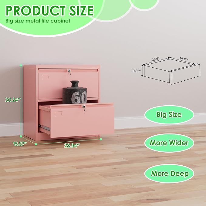 Metal 2 Drawer Lateral File Cabinet with 2 Lock - Wide Filing Cabinet for Letter/Legal/F4/A4 Hanging Files - Includes Business Card Holder,Home Office School Storage,Pink
