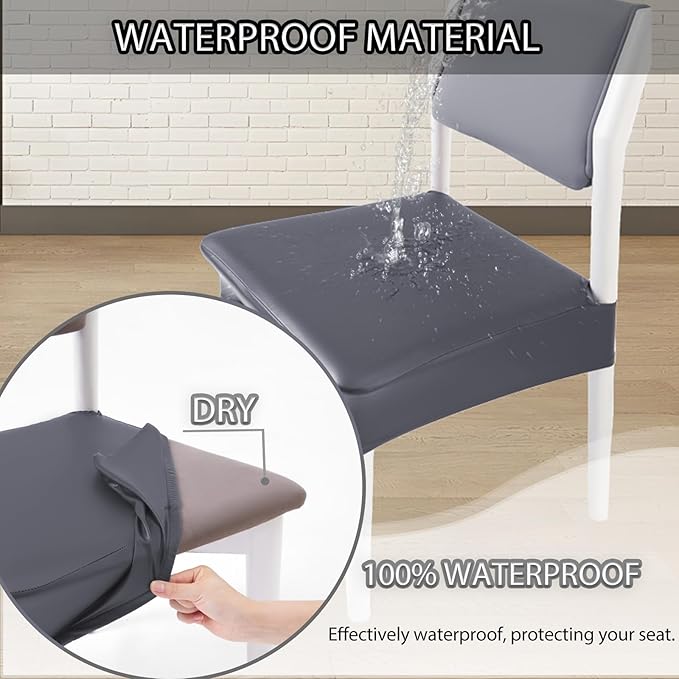 CWK Waterproof PU Leather Dining Chair Covers Set of 6 - Stretchable Chair Seat Slipcovers, Removable & Washable Protector for Dining Room,Home,Office,Wedding,Rear Covers (PU-Grey)